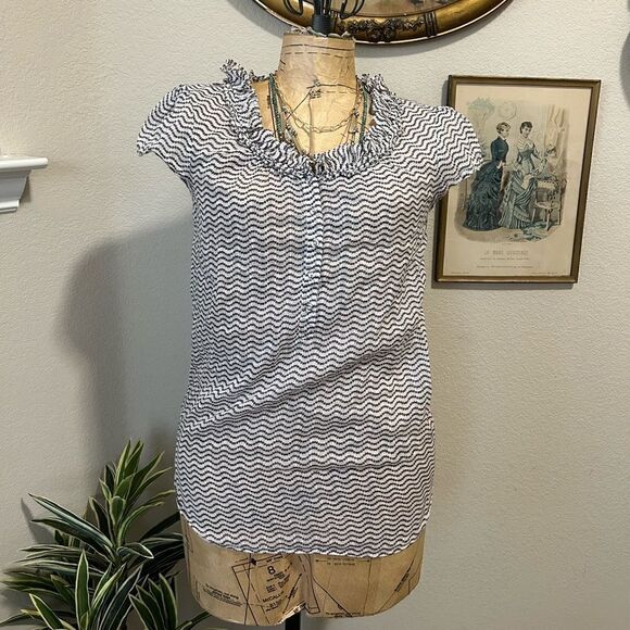 Gap White Brown Circle Polka Dot  Ruffle Stripe Blouse sz S - Picture 2 of 11